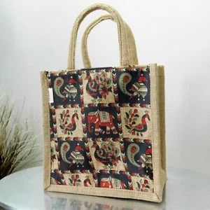 Small Grocery Bag JUTE Shopping Tote Burlap Zip Closure Peacock Elephant Print - Picture 1 of 11