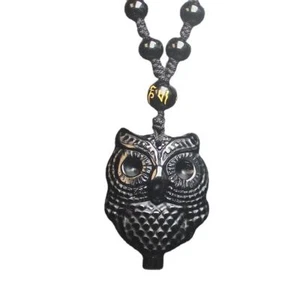 Crystal Natural black Obsidian owl Necklace Amulet pendant Bead with Chain - Picture 1 of 5