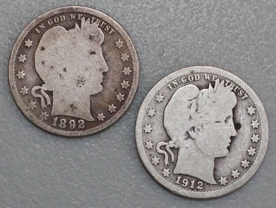 1892 and 1912 Silver Barber Quarter US Type 25c 2-Coin Lot Circulated - Image 1 of 4