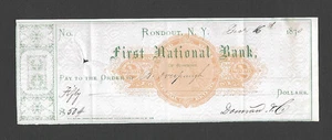 U.S. 1870 BANK CHECK, FIRST NATIONAL BANK, RONDOUT, NEW YORK W/ REVENUE RN-C1 - Picture 1 of 2