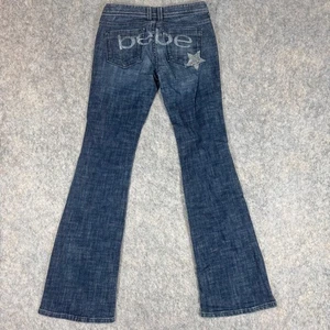 Bebe Y2K Charlotte Star Flare Jeans Rhinestone Spellout Sz 27 Low Rise Dark Wash - Picture 1 of 13