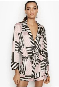 Victoria’s Secret Satin Romper Pajamas 1 Piece Belted Size Large Pink/Black NWT - Picture 1 of 6