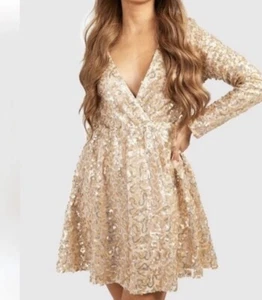 NWOT Boohoo Sequin Wrap Skater Party Dress Women's 18 Gold Event - Picture 1 of 15