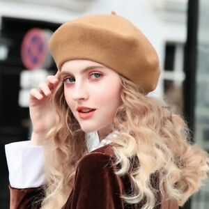Wool Beret Hats Women Pure Felt British Style Solid Color Slouchy Winter Female