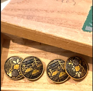 Vintage DAMASCENE Cufflinks Japan Balsa Wood Stamped Box - Picture 1 of 6