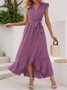 Womens V Neck Summer Dress Cap Sleeve Boho Flowy Ruffle Slit Long Maxi Dresses - Picture 1 of 13