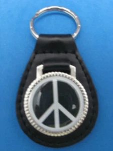 PEACE SIGN INSIGNIA BLACK LEATHER KEYRING KEYFOB #237 - Picture 1 of 1
