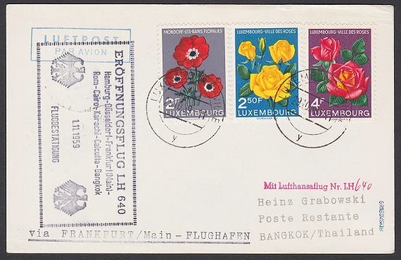 LUXEMBOURG 1958 Lufthansa first flight postcard to Bangkok Thailand.........F963 - image 1 of 1
