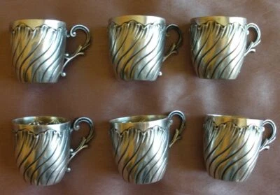 6 chopes gobelets à liqueur ou saké  - Argent massif intérieur vermeil - 169 Gr - Photo 1/4