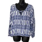 New Forever 21 Blue Purple Long Sleeve Boho Woven Top Lace Up Neck Size Small