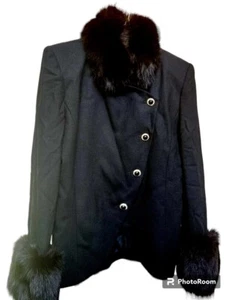 Vintage Nolan Miller Fur Trimmed Black Wool Jacket Lined Size 6 Jewel Buttons - Picture 1 of 8