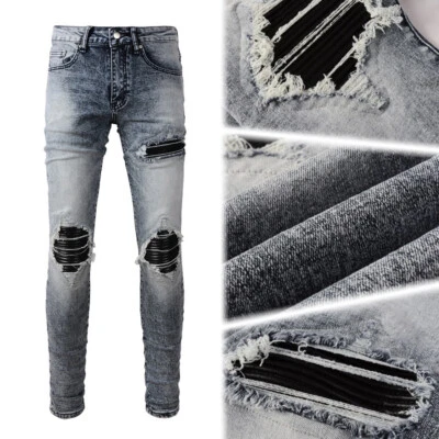 Jeans stretch skinny azul masculino com remendos PU rasgados desgastados e lavagem desbotada - Imagem 1 de 4