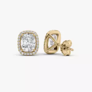 Womens Stud 2.30 Ct IGI Lab Created Cushion Cut Diamond 14K Yellow Gold Earring - Picture 1 of 8