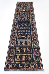10 ft Hallway Tribal Animal Blue Runner Rug Afghan Hand Knotted Wool Bedroom Rug - Picture 1 of 12
