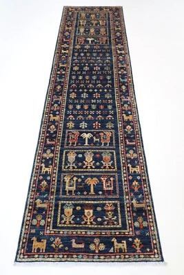 10 ft Hallway Tribal Animal Blue Runner Rug Afghan Hand Knotted Wool Bedroom Rug - Image 1 of 4