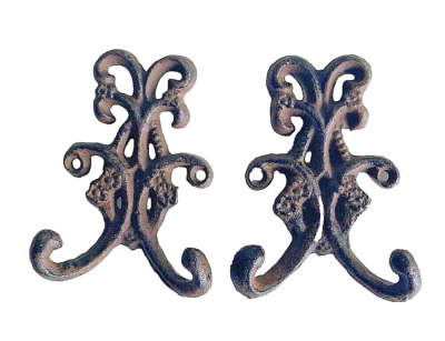 Set of Two Fancy 2 Hooks Wall Hook Cast Iron Keys Rustic Brown Antique Type 3.5" - Image 1 of 4
