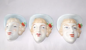 Lot 3 Women Lady Face w/Hat Wall Pockets Small 2.75" Blue Hats Vintage As Is - Picture 1 of 24