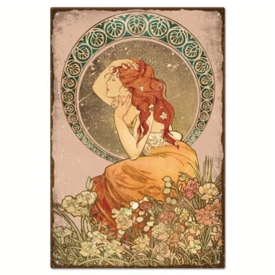 Letrero de hojalata Mucha de metal vintage de 1 pieza cabello largo dama Art Nouveau belleza letrero de hojalata Foto 1 de 4