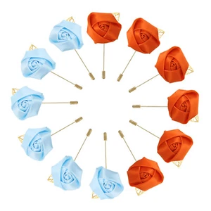 12 Pcs Groom Boutonnieres Rose Boutonnieres Pins Orange/Light Blue - Picture 1 of 6
