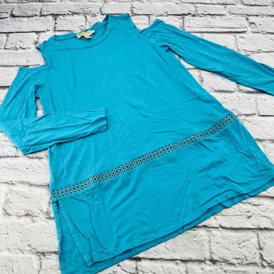Top túnica Michael Kors azul hombro frío manga larga para mujer ribete de encaje mediano Foto 1 de 4