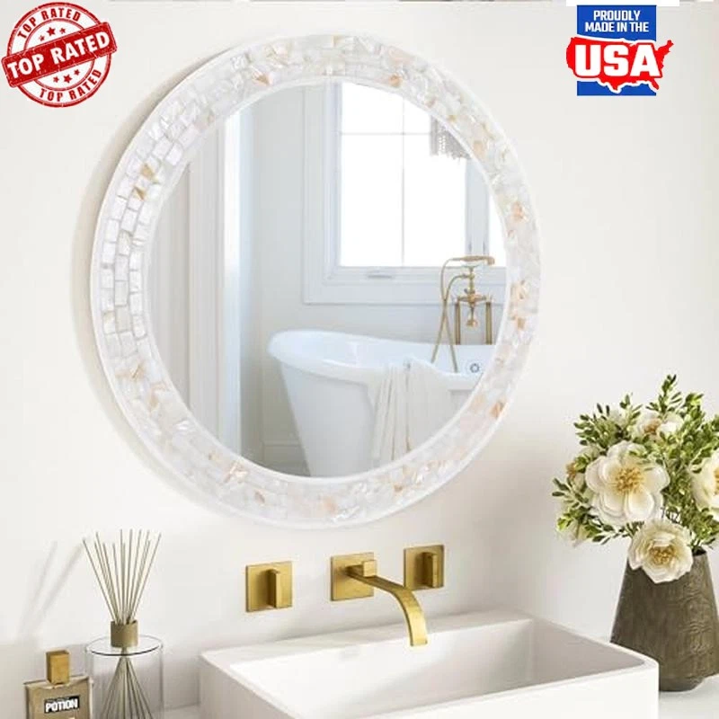 24in Natural Shell Mosaic Wall Mirror Decorative Home Bathroom Mirror Wooden New - Image 1 of 4
