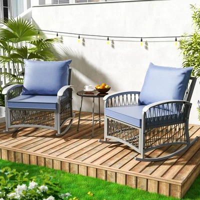 ZZWHOM JUEGO DE 3 PIEZAS PATIO BISTRÓ CON MESA DE CRISTAL DISEÑO TRENZADO MODERNO - AZUL Foto 1 de 4