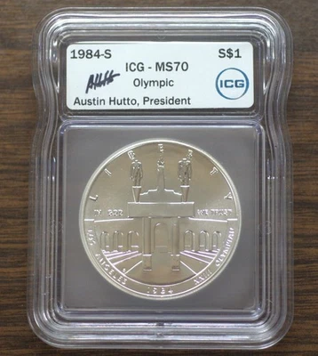 1984 S OLYMPIC $1 SILVER COMMEMORATIVE AUSTIN HUTTO SIGNED ICG MS 70 - Image 1 of 2