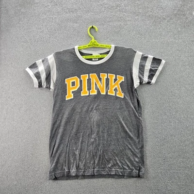 Camisa pulóver Victoria's Secret ROSA para mujer S gris a rayas con logotipo de timbre cuello redondo Foto 1 de 4