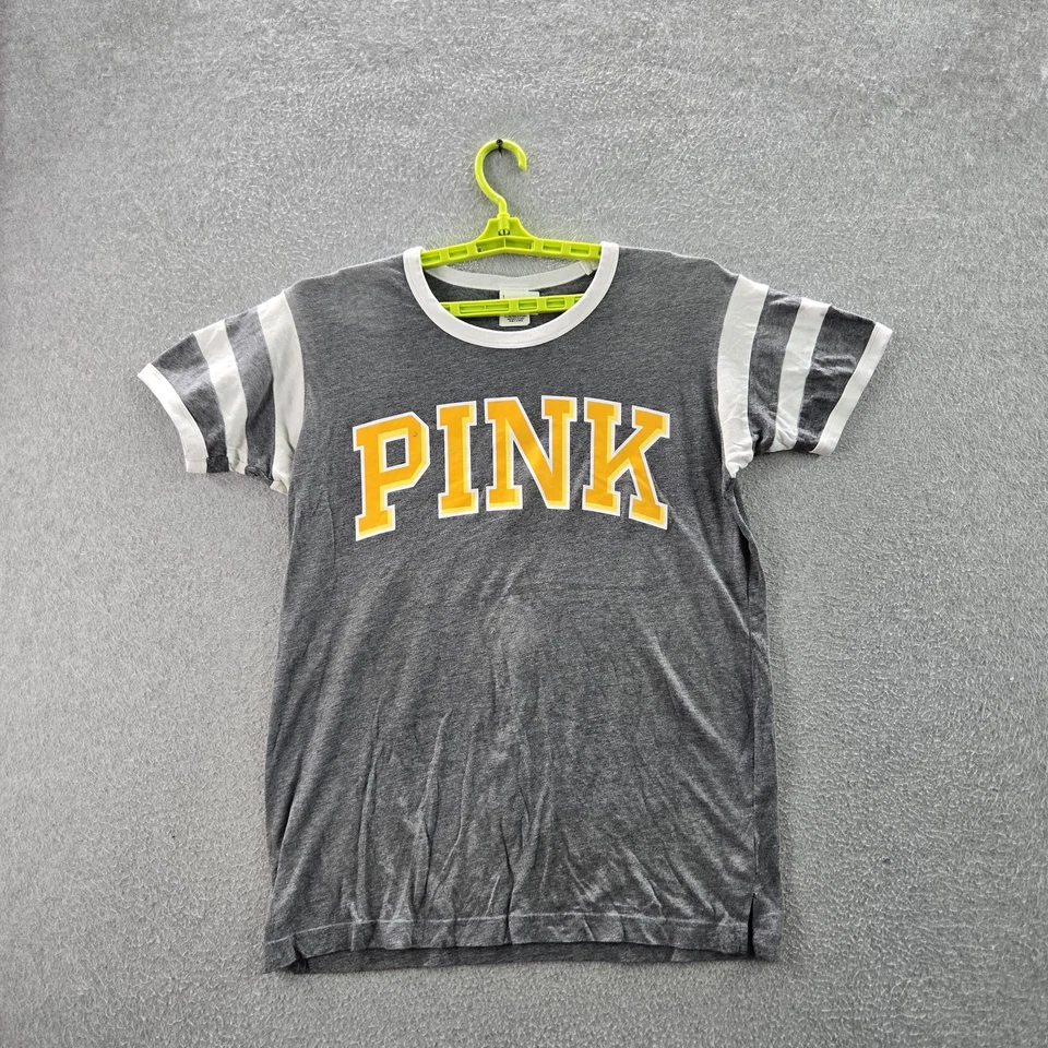Camisa pulóver Victoria's Secret ROSA para mujer S gris a rayas con logotipo de timbre cuello redondo Foto 1 de 4
