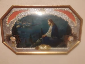 Antike gerahmte Lithographie Jesus Christus handgefertigt Blasenglas & gehämmerter Rahmen - Bild 1 von 23