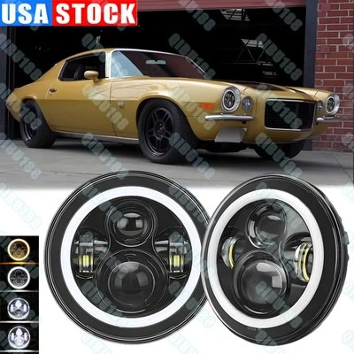 Pair 7" Round LED Headlights Hi/Lo WHITE Halo Bulb For Chevy El Camino 1971-1975 - Image 1 of 4