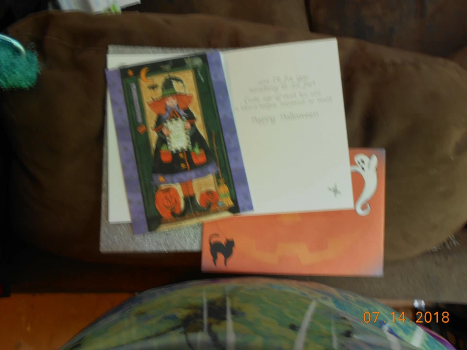 2 Halloween Cards by Leanin Tree - Witch, Cat, Bird, Pumpkins, Moon w/Bat, Frogs - Image 1 of 1