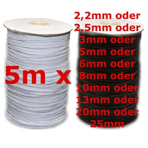 5m x 3mm/5mm/6mm Gummiband kochfest leichter Zug Gummilitze schwarz weiß Maske - Bild 1 von 17