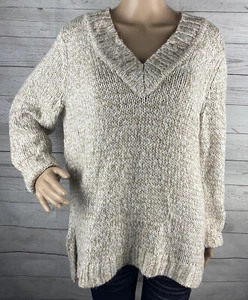Chaps Sweater XL Tan White Marled Metallic Gold Accent V-Neck Soft Cozy Knit - Picture 1 of 12