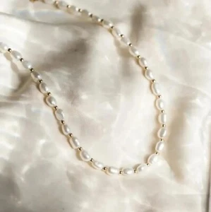 Damen Halskette Perlenkette 18 K Gold Frauen Halskette Edelstahl 316 AntiAllergn - Bild 1 von 9