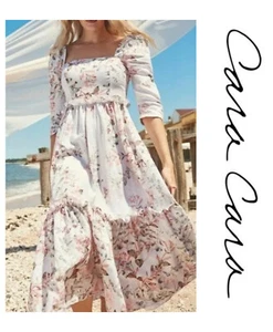 Cara Cara Blue Hill Tiered Linen Floral Midi Dress Size 12 - Picture 1 of 12