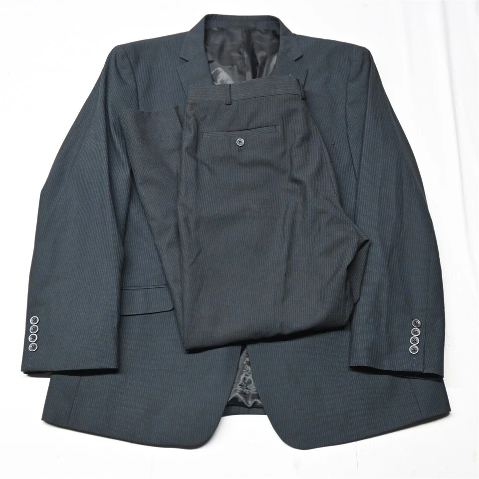 Kenneth Cole Reaction 46R 36x29 黑色条纹男式运动外套夹克裤子套装 — 第 1/4 张图片