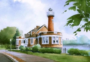Faro Turtle Rock, Boathouse Row Phila. Tarjetas de notas de acuarela PA. James Mann - Imagen 1 de 2