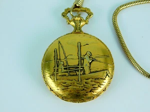 VINTAGE ANDRE RIVALLE 17J GP 16S FISHING HUNTER CASE POCKET WATCH W/CHAIN 1970s - Picture 1 of 8