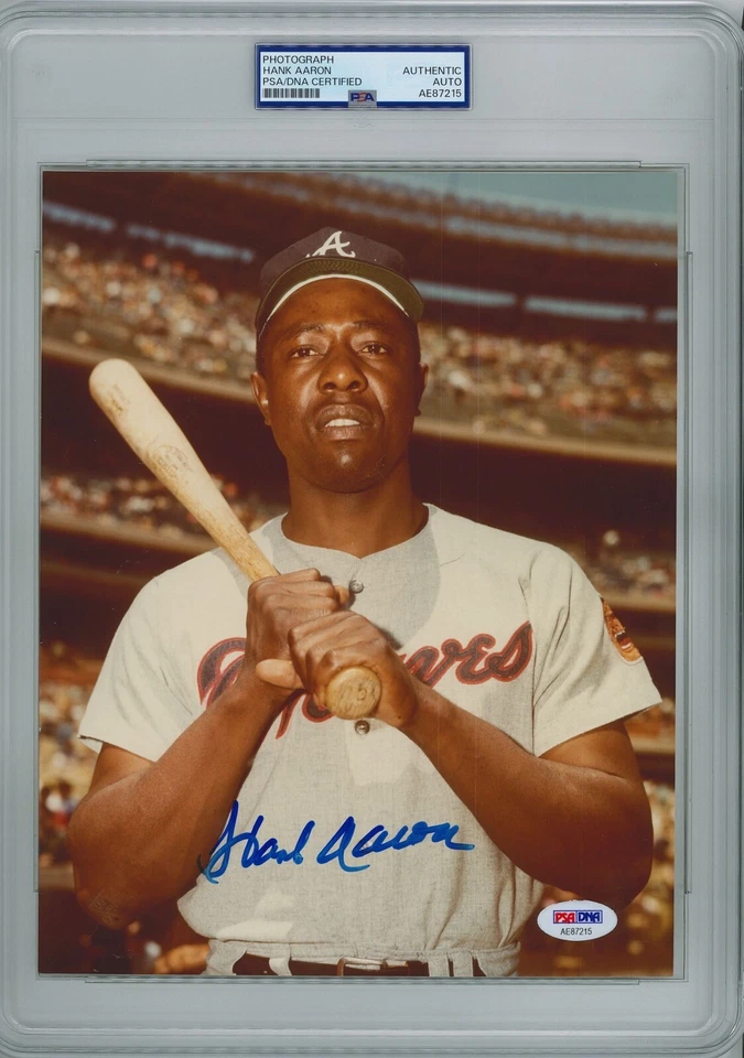 HANK AARON SIGNED 8X10 PSA AE87215 BRAVES HOF ENCAPSULATED - Image 1 of 1