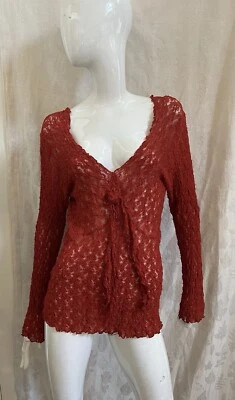 SURREALIST USA VINTAGE! Brick Red Puckered Lace Long Sleeve Tied Front Top Sz 2 - Image 1 of 4