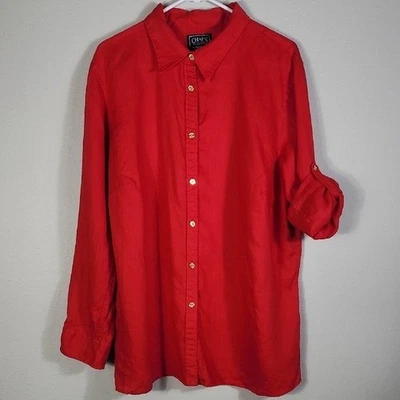 Camisa Chaps para mujer 100 % lino abotonada talla 2X roja manga lengüeta enrollable clásica costa Foto 1 de 4