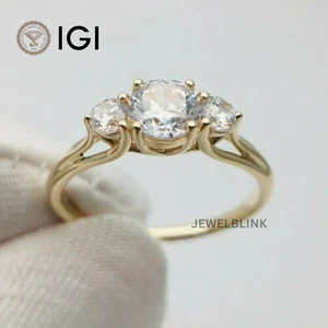 2.5 CT Round Cut CVD Lab Grown Diamond 14K Yellow Gold Three Stone Wedding Ring - Picture 1 of 20