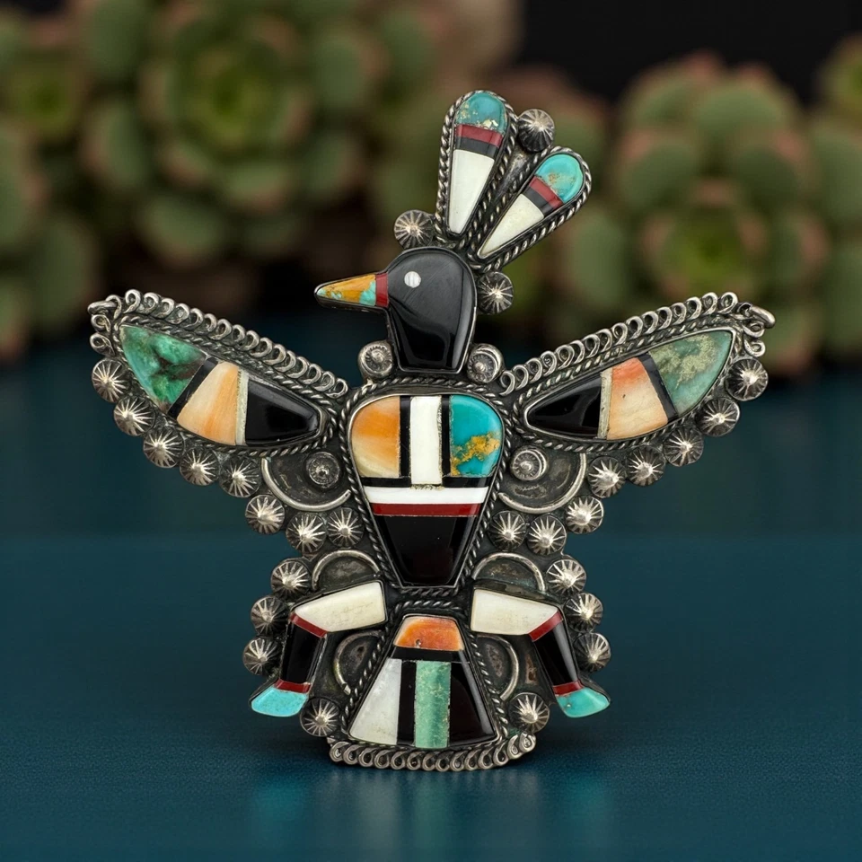 Bold Vintage Sterling Silver Southwestern Large Thunderbird Inlay Brooch 37g - image 1 of 4