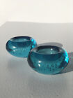 Retro Set Of 2x Blue Bubbled Glass Paperweight Tea Light Candle Holder.