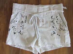 Da-Nang Surplus Silk Blend Cargo Shorts -Sequins/Embroidery - White- NWT-Small
