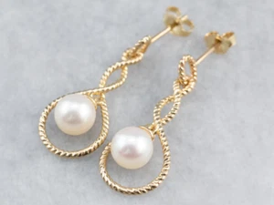 Pearl Gold Twisted Wire Drop Earrings - Picture 1 of 10