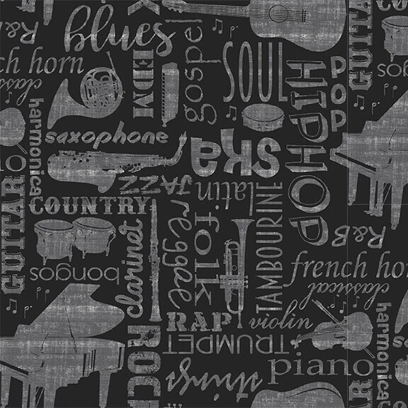 Let the Music Play Fabric | Blank Words & Instrument Patch Black Gray YARD - Image 1 of 1