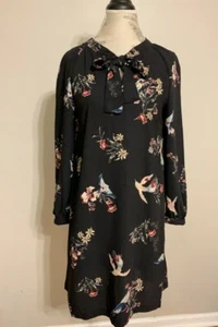 H&M Black Floral Birds tie neck long sleeve straight cut dress 0 2 6 RUNS LARGE - Picture 1 of 3