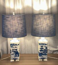 Pair Of Chelsea House Ceramic Lamps Blue and White Asian Theme Gently Used